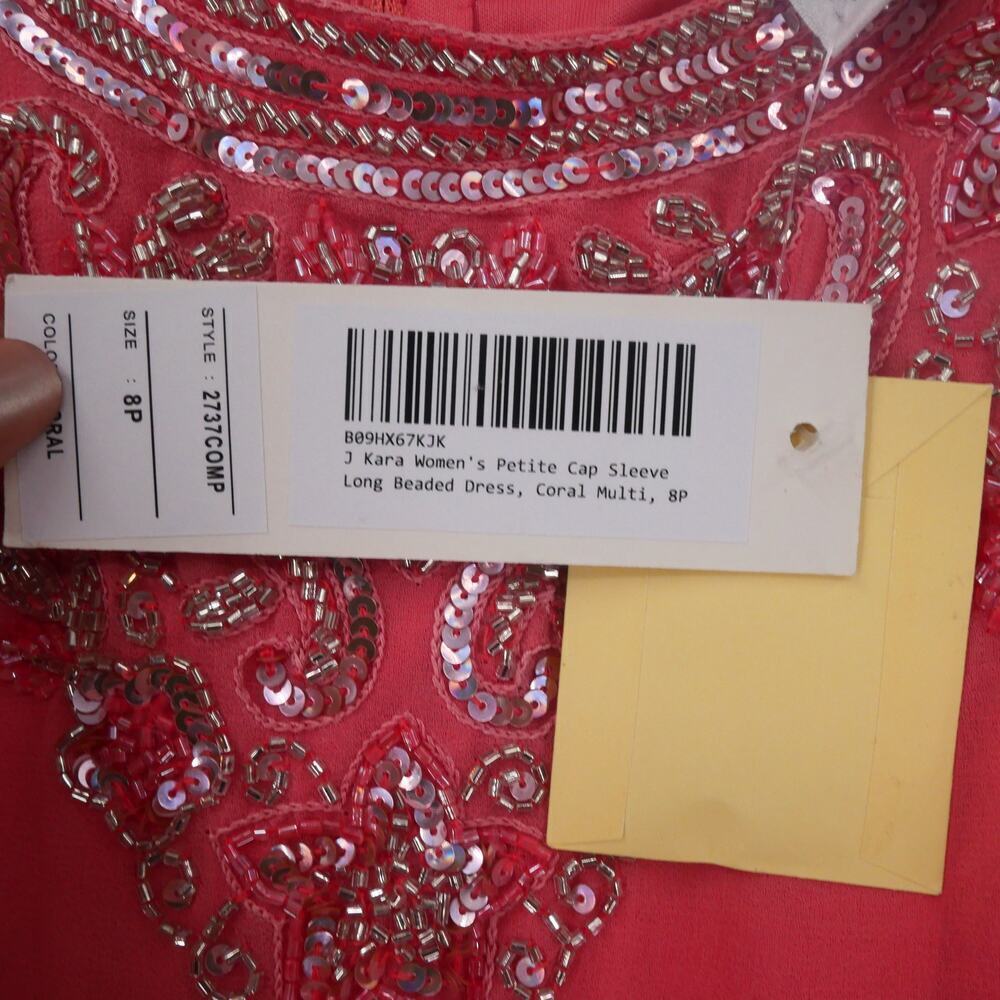 NEW J. Kara Women's 8 Petite Cap Sleeve Beaded Top Long Dress Coral 2737 - Picture 8 of 14